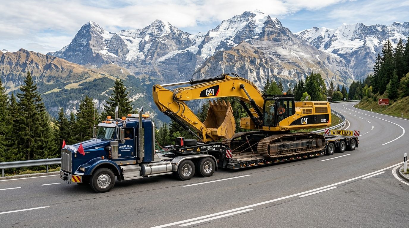 Heavy equipment secured for transport on multi-axle lowbed trailer